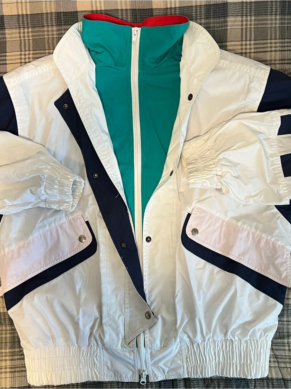 London Fog White Windbreaker with Teal Diamond and Navy Label